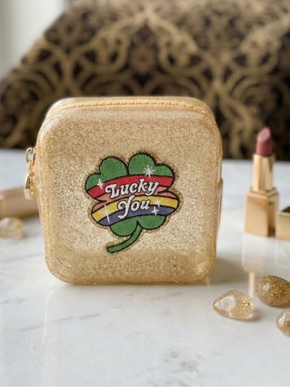 Stoney Clover Lane Gold Jelly Mini Pouch with Rainbow Lucky You Clover Patch